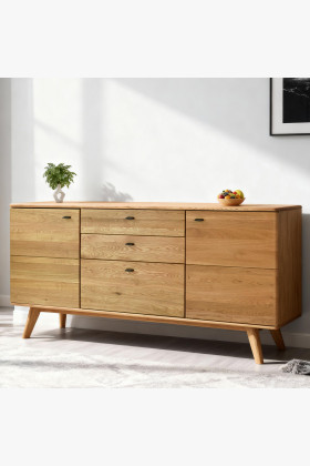 Tömör tölgyfa komód ajtókkal és fiókokkal, természetes fa színű